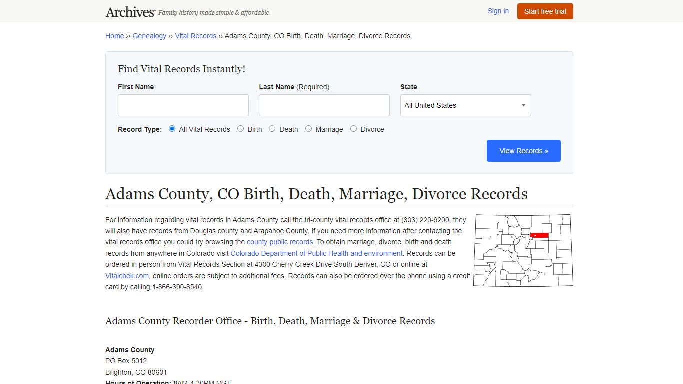 Adams County, CO Birth, Death, Marriage, Divorce Records - Archives.com