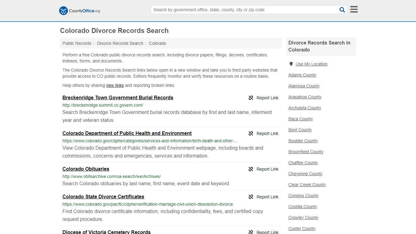 Colorado Divorce Records Search - County Office